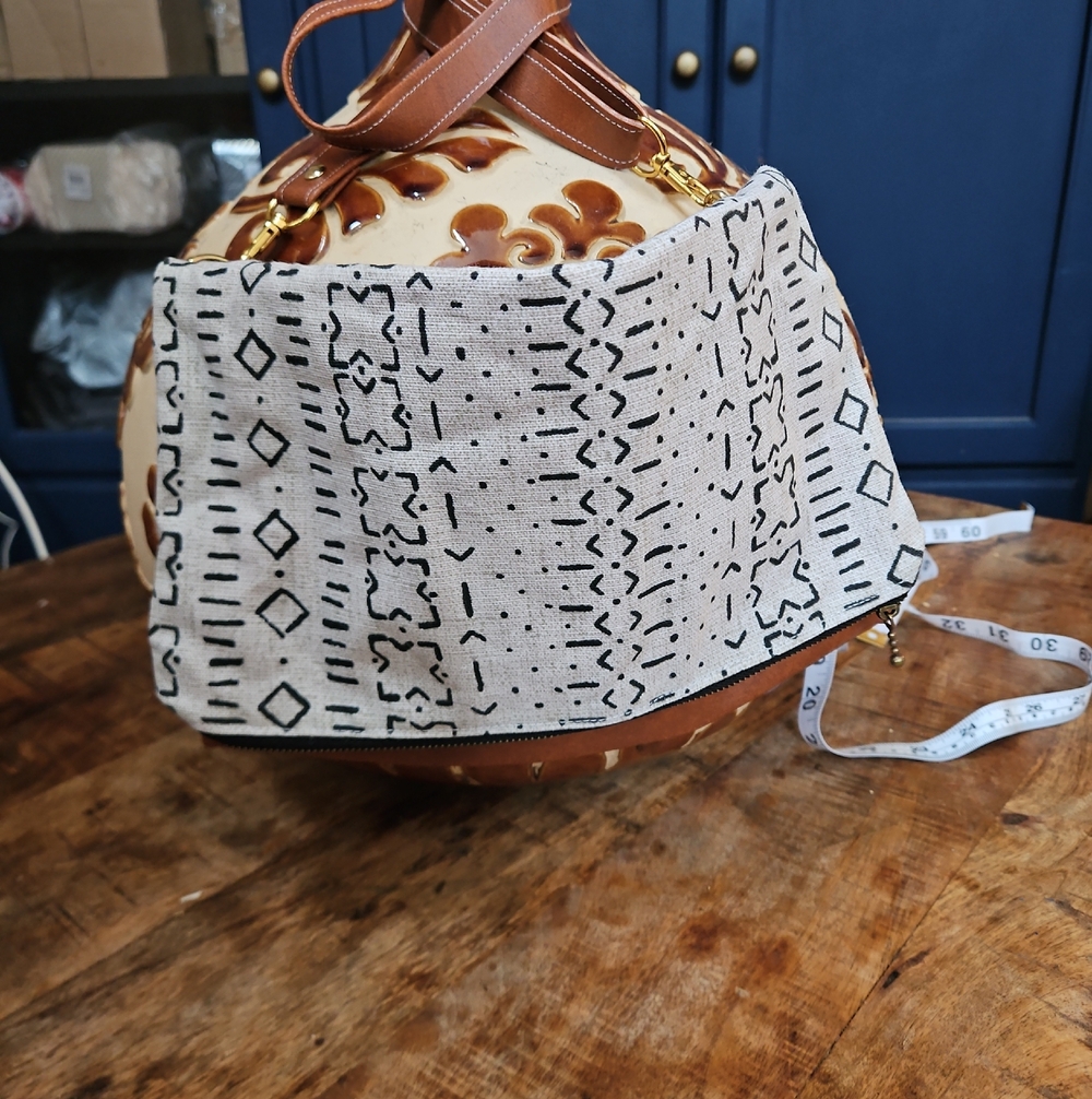 NWOT Canvas Tote with Black Geo Print and Brown Trim